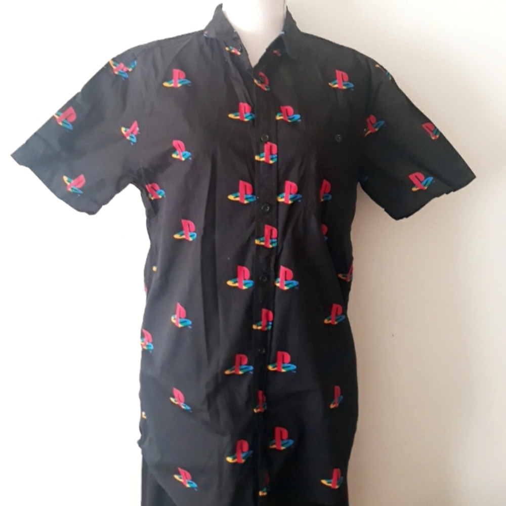 Licensed Sony Playstation Allover Logo Button Front Shirt - Size Medium Black - Picture 5 of 9